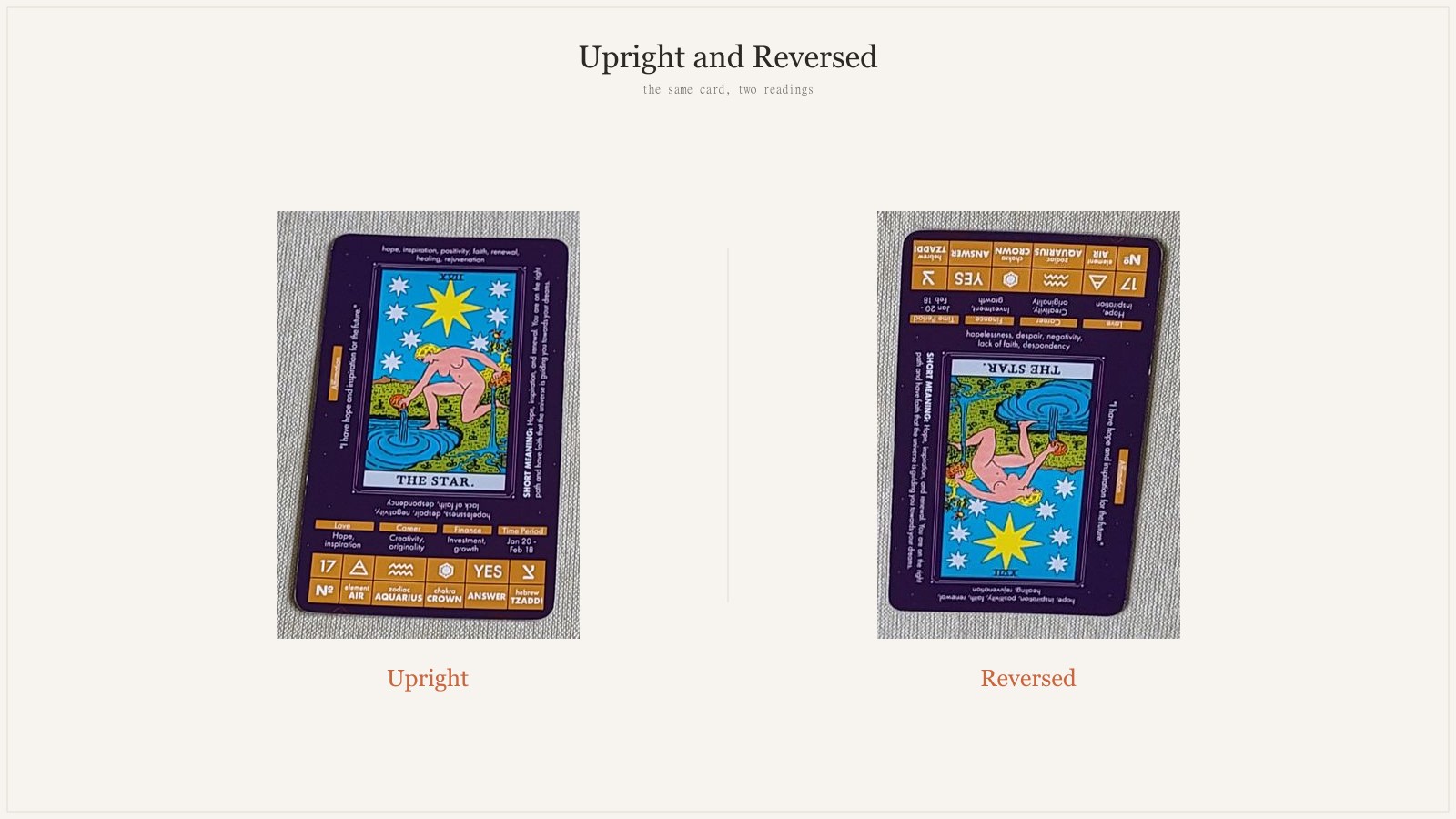 A tarot card shown upright beside the same card reversed, side by side