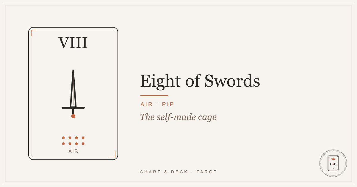 The Eight of Swords tarot card on a linen surface, a bound and blindfolded figure surrounded by swords