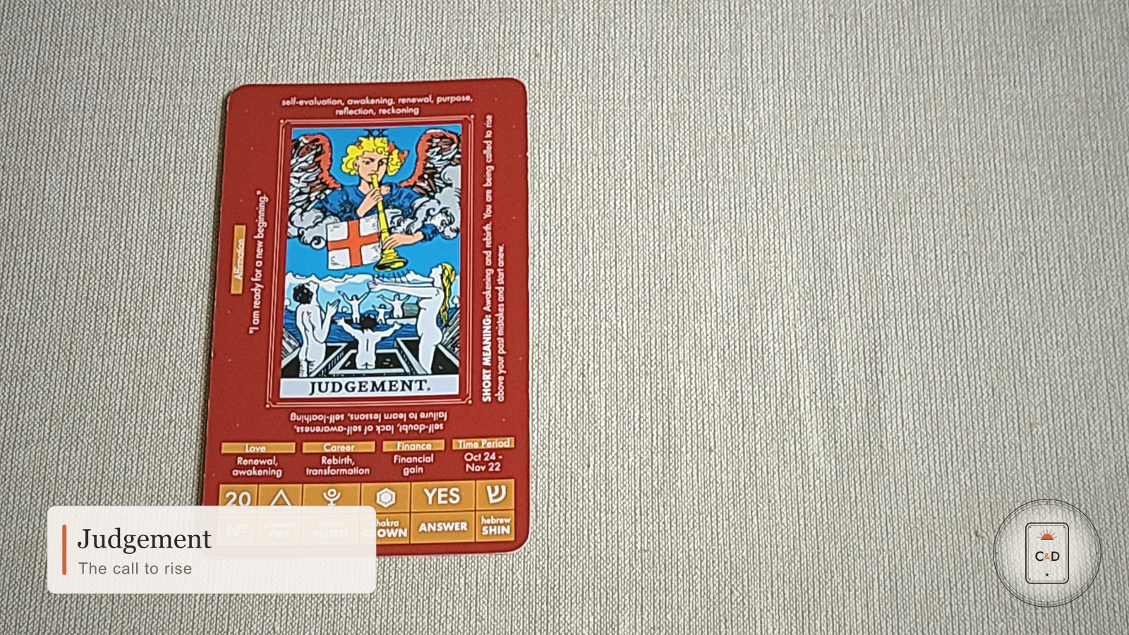 Judgement Tarot Card Meaning 1 Judgement tarot card meaning, the card face-up on linen in warm natural light