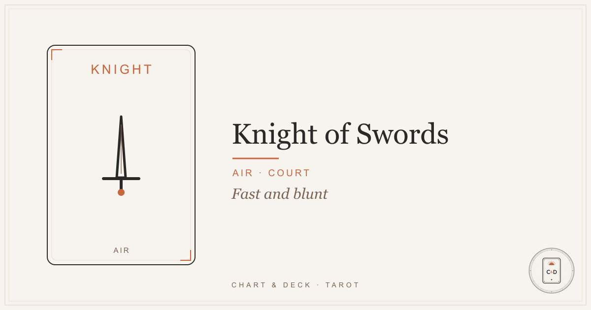 The Knight of Swords tarot card on a linen surface