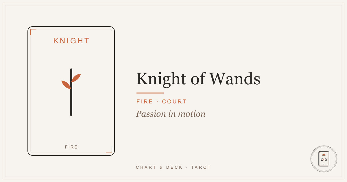 The Knight of Wands tarot card on a linen surface