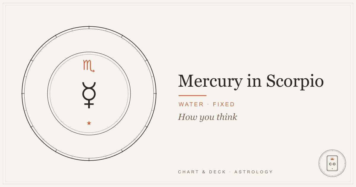 Mercury in Scorpio 1 Mercury in Scorpio: the Mercury glyph over the Scorpio glyph on the Chart & Deck astrolabe plate