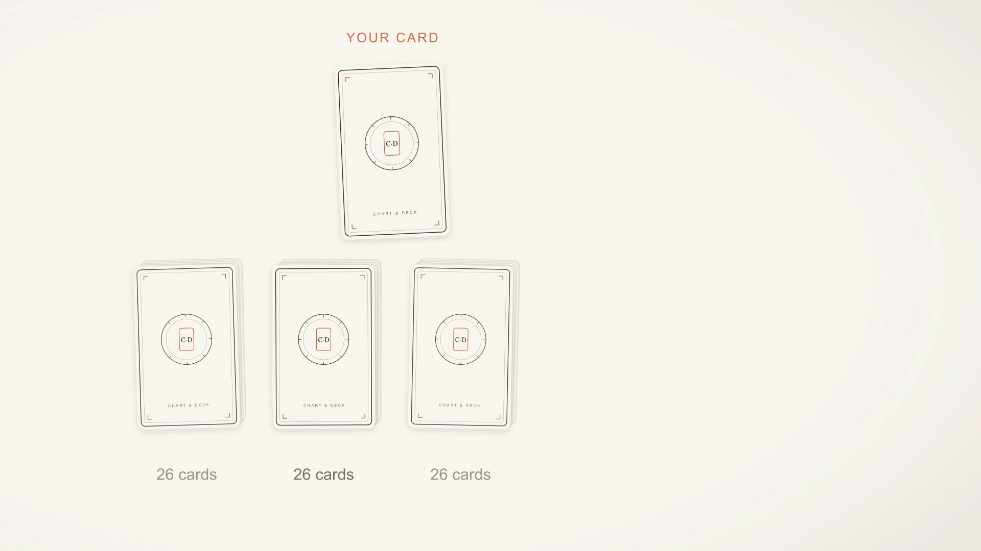 Three piles of face-down tarot cards with one card drawn out, still face-down