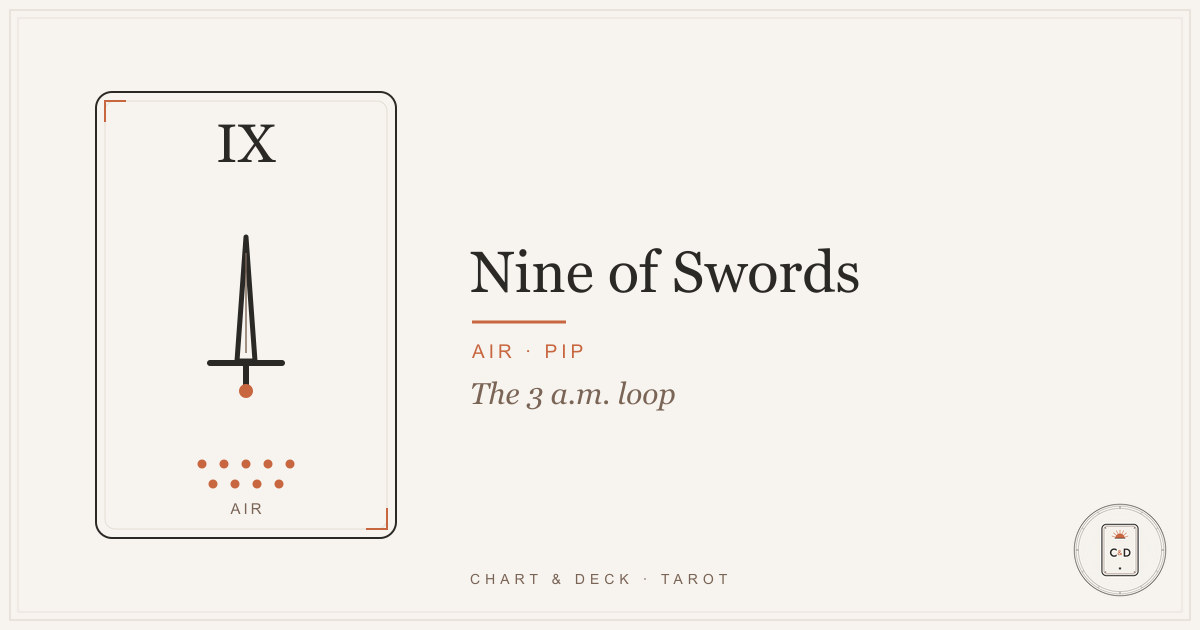 The Nine of Swords tarot card on a linen surface, nine swords mounted above a figure sitting up in bed