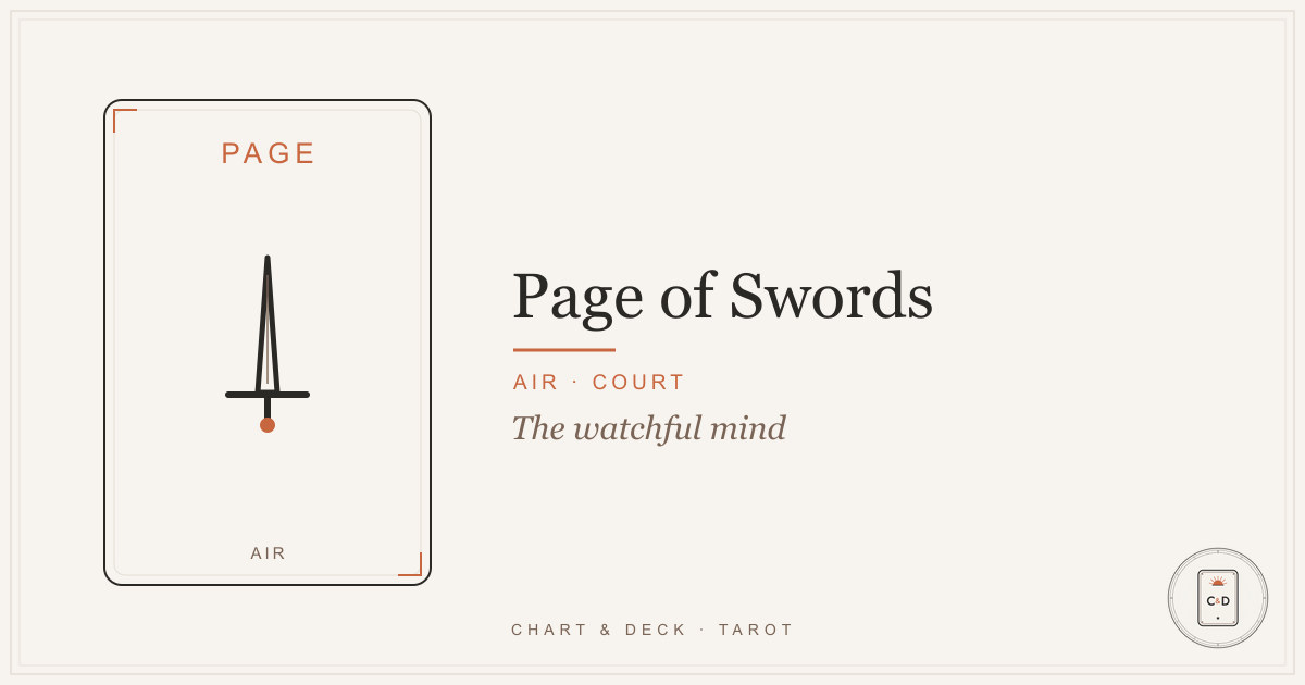 Page of Swords Meaning 1 The Page of Swords tarot card on a linen surface