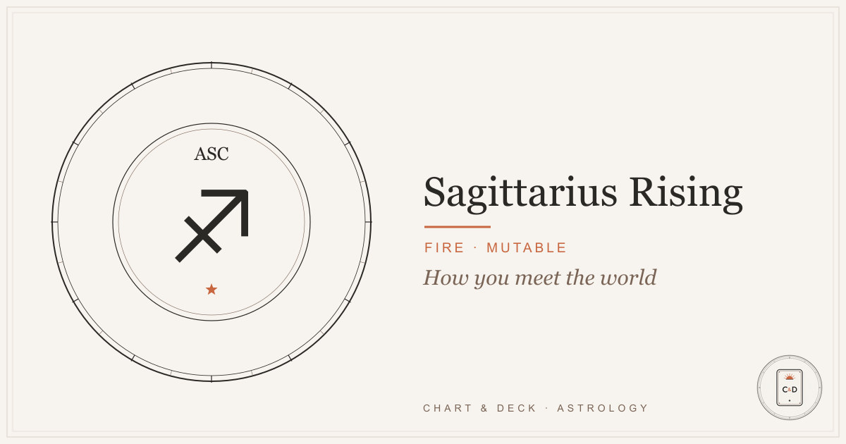 Sagittarius Ascendant: the Sagittarius glyph on the Ascendant point of the Chart & Deck astrolabe plate