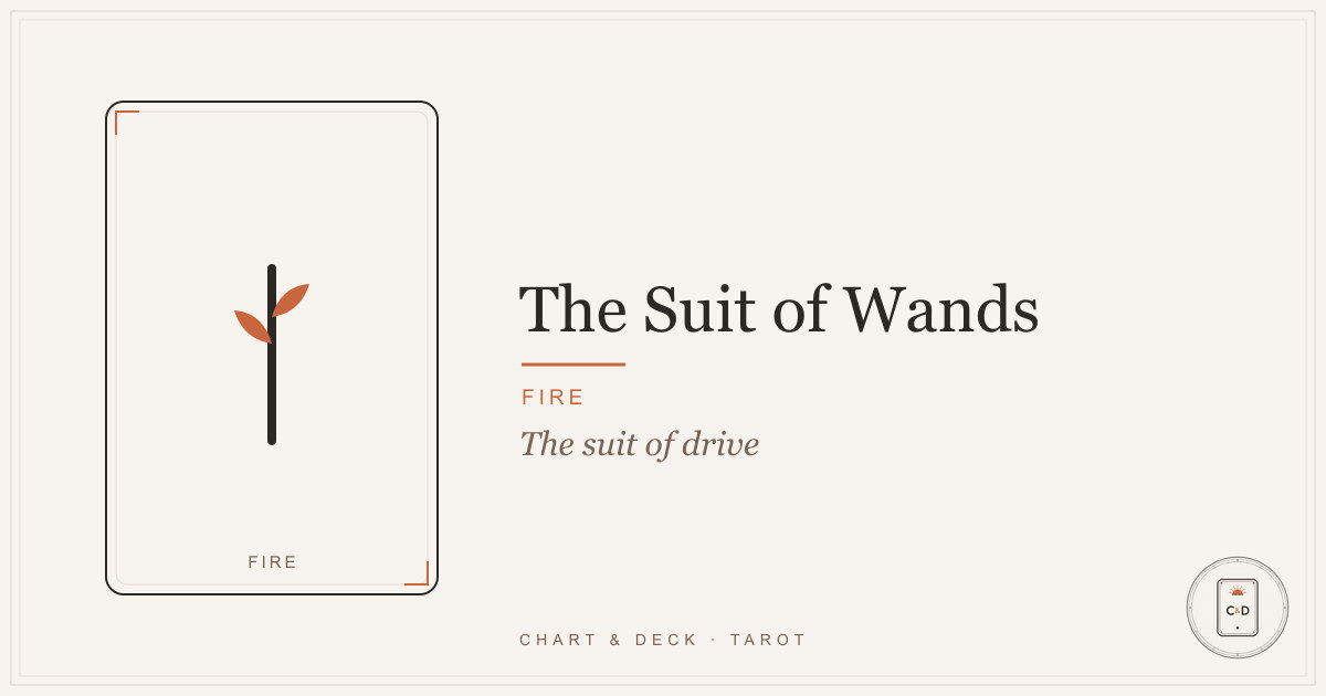 The fourteen Wands tarot cards fanned out on a linen surface