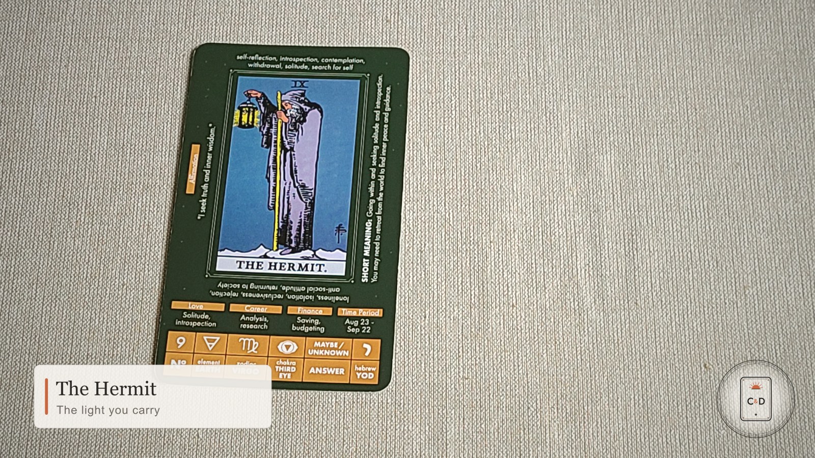 The Hermit tarot card meaning, the card face-up on linen in warm natural light