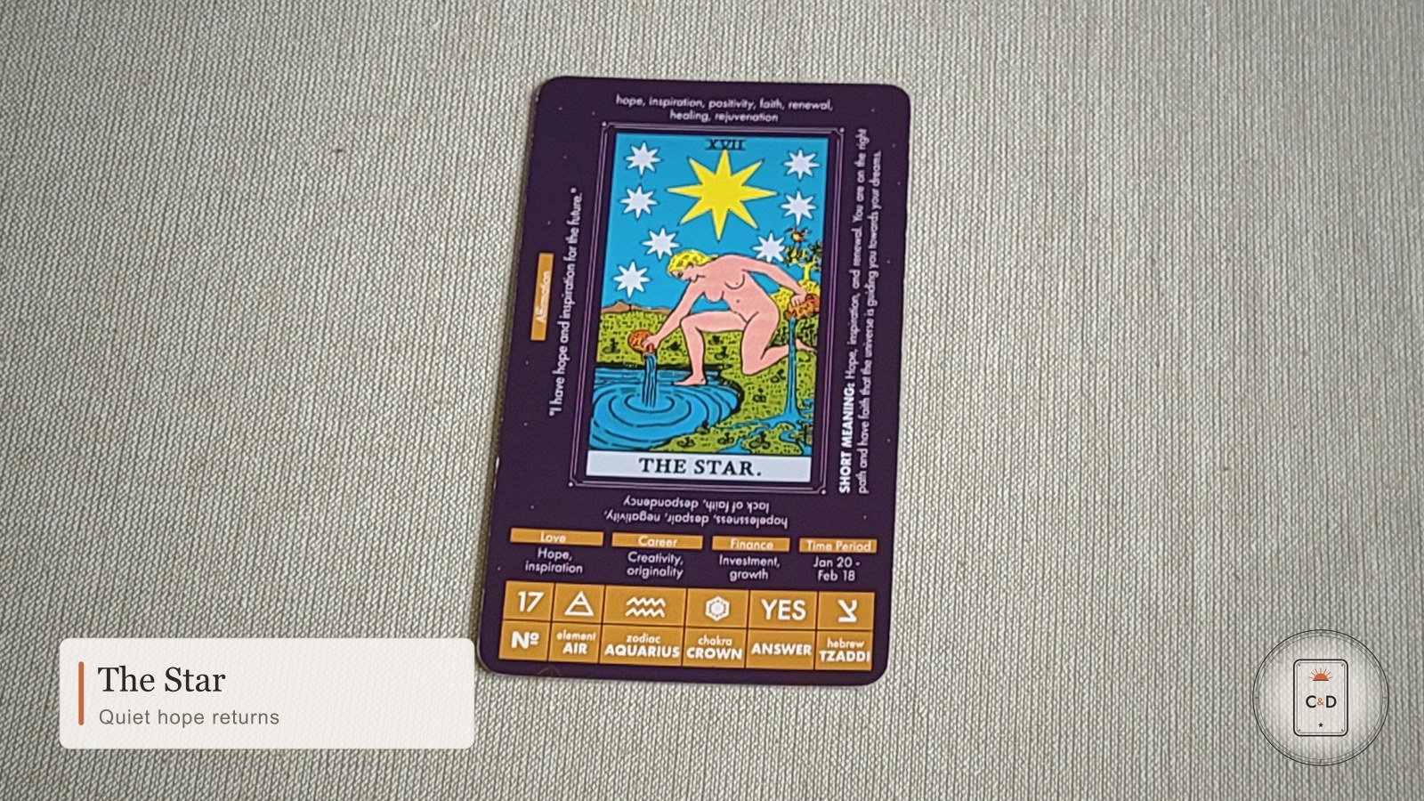 Tarot: The Star 1 The Star tarot card meaning, the card face-up on linen in warm natural light