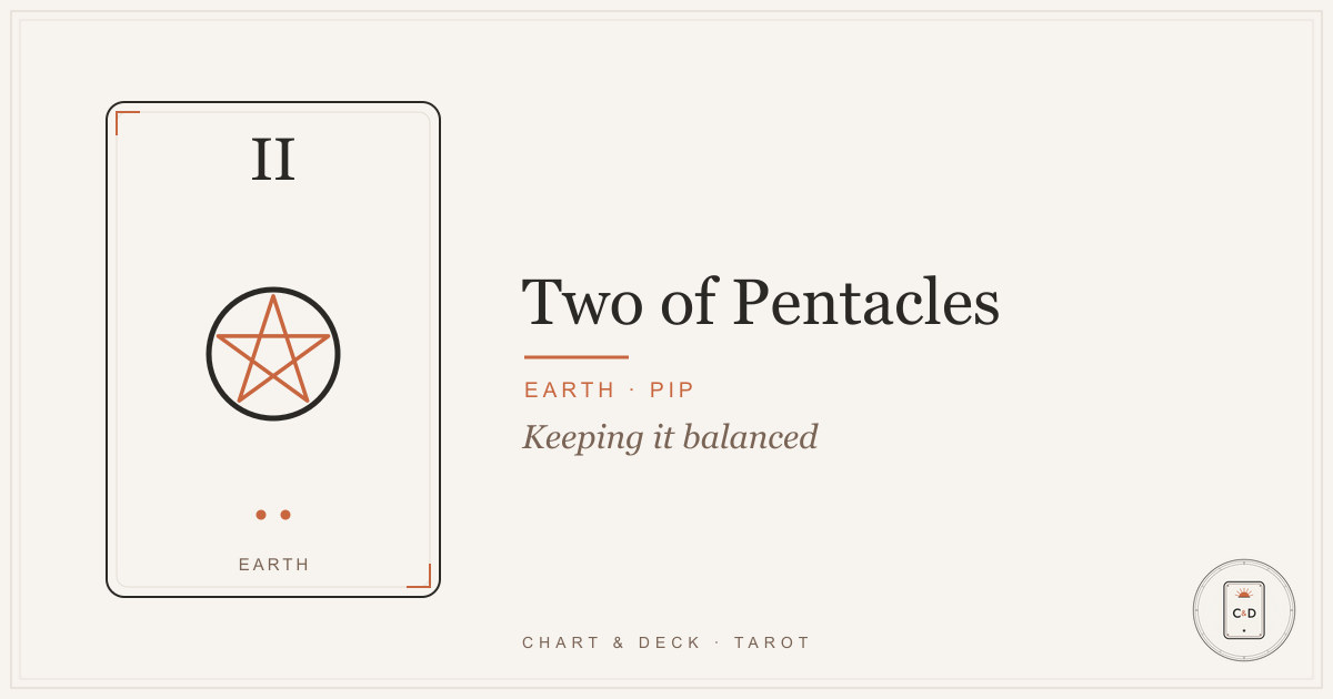 Two of Pentacles Meaning 1 The Two of Pentacles tarot card on a linen surface, the infinity loop joining two coins