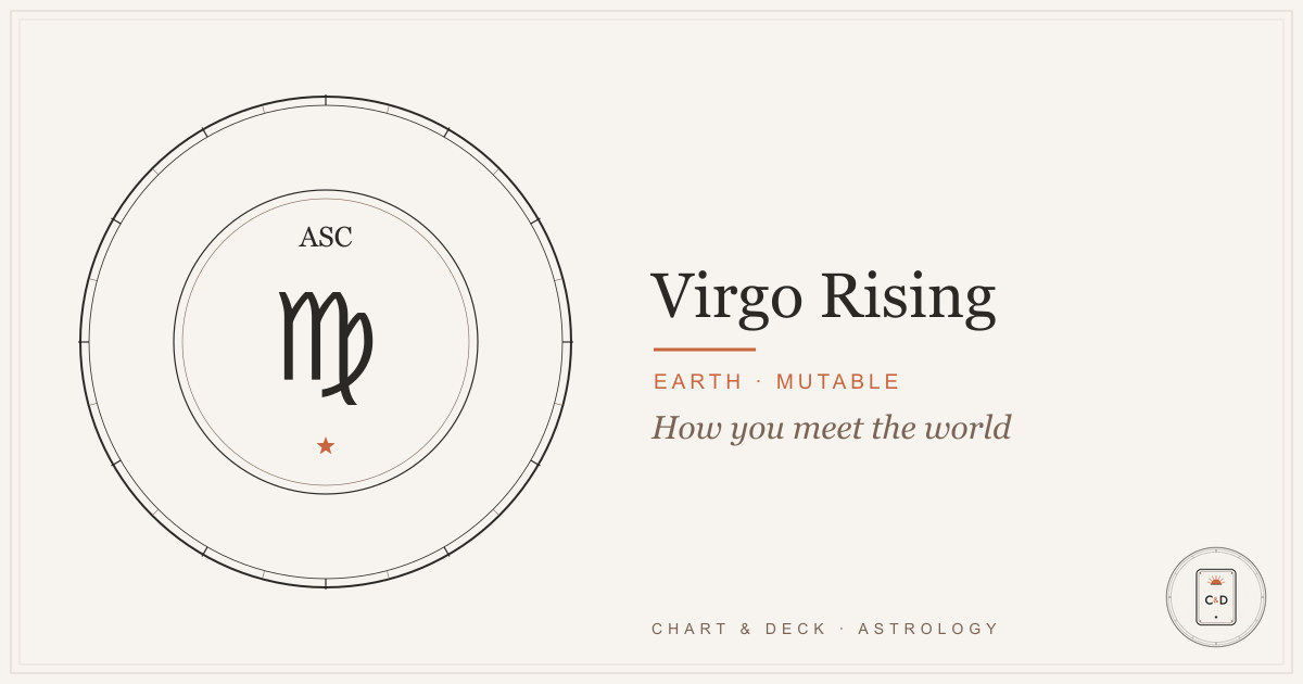 Virgo Rising 1 Virgo Rising: the Virgo glyph on the Ascendant point of the Chart & Deck astrolabe plate