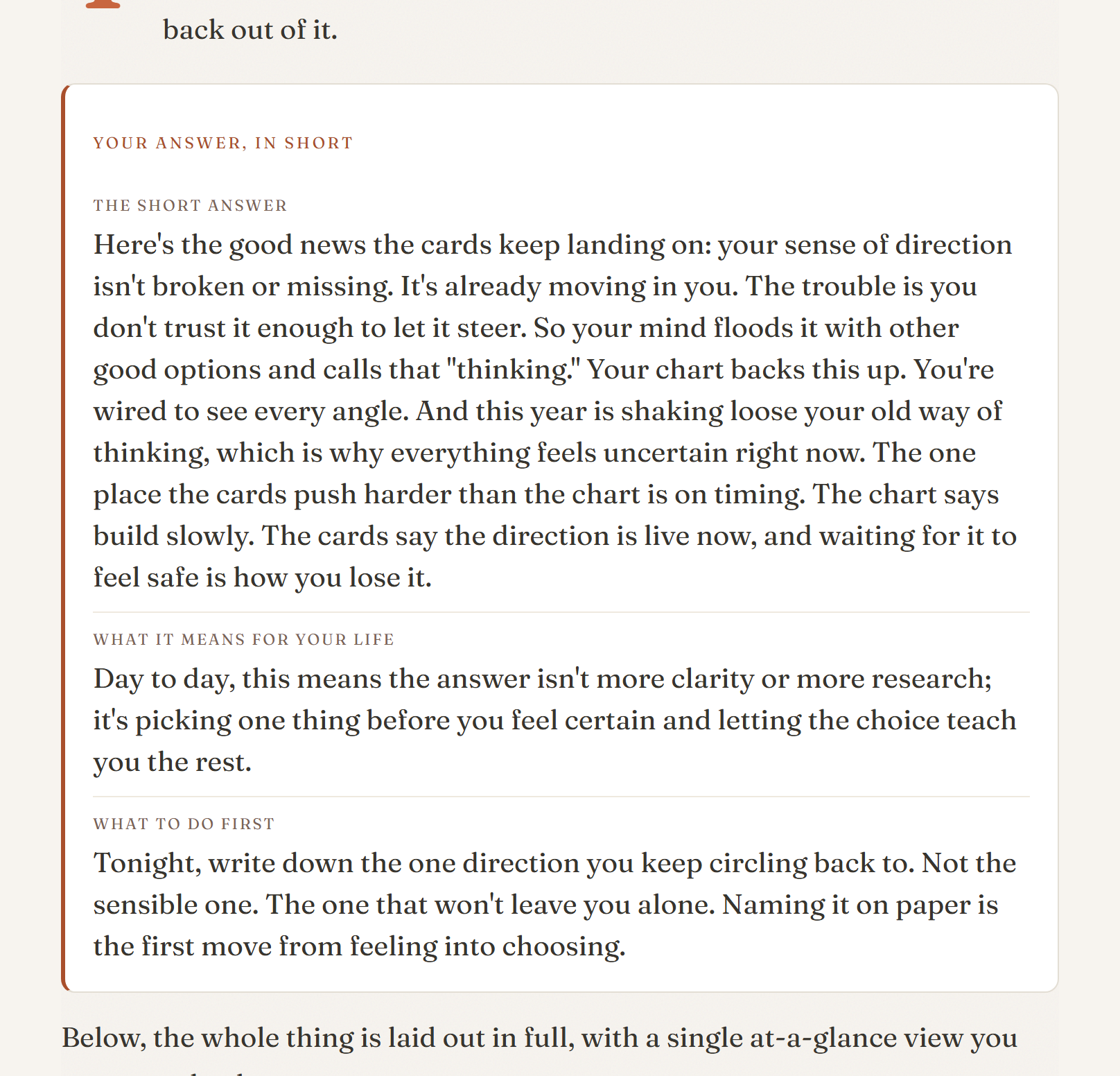 The opening of a real written reading: the question restated, the short answer, what it means for you, and the first move